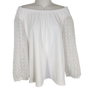 Talbots Top Women Medium Lace Sleeve Peasant Boho Crochet White Off The Shoulder